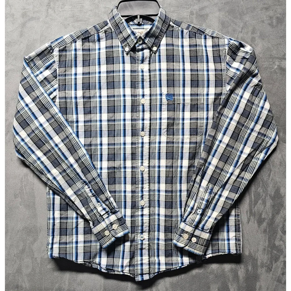 Cinch Boys XL 14 Blue Black Plaid Long Sleeve Western Button Down Shirt